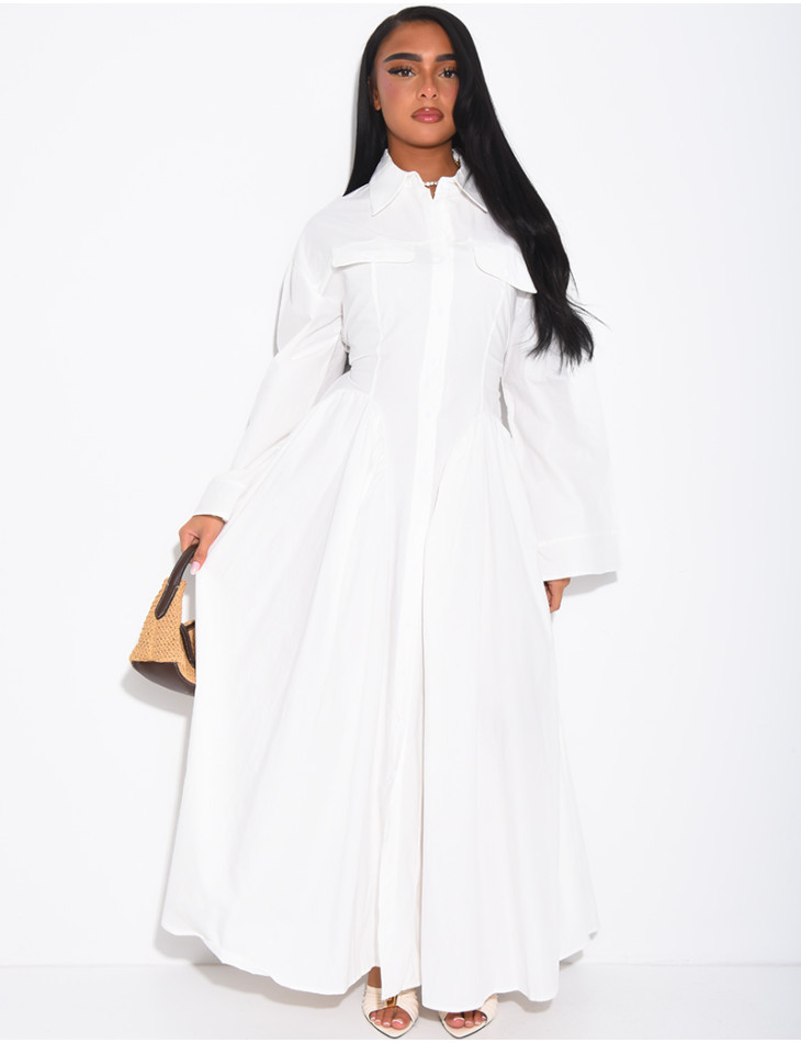 Long cotton poplin dress with a puff-effect shirt collar