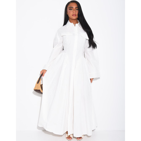 Long cotton poplin dress with a puff-effect shirt collar
