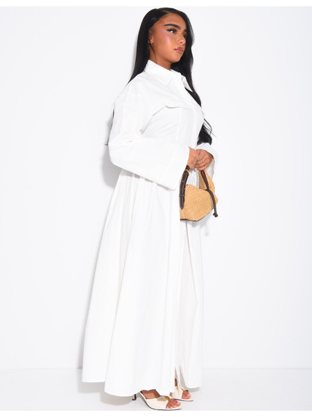 Long cotton poplin dress with a puff-effect shirt collar