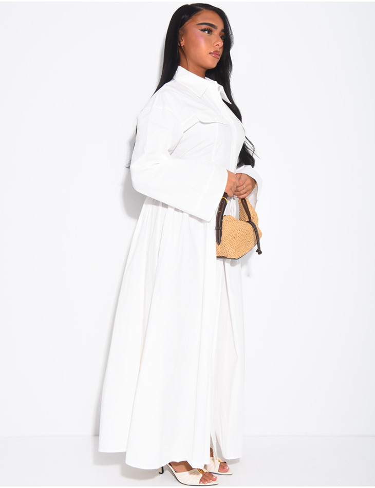 Long cotton poplin dress with a puff-effect shirt collar