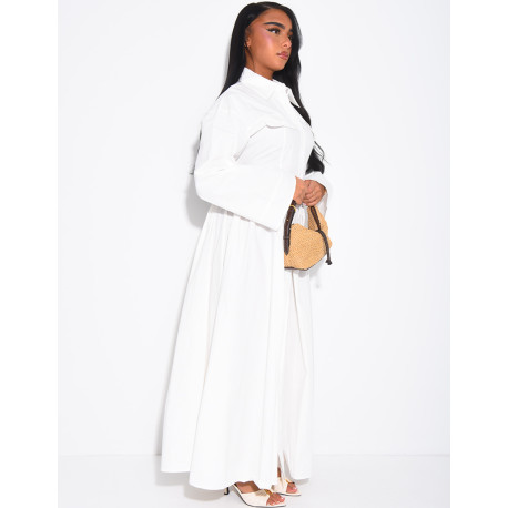 Long cotton poplin dress with a puff-effect shirt collar