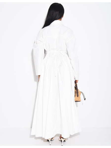 Long cotton poplin dress with a puff-effect shirt collar