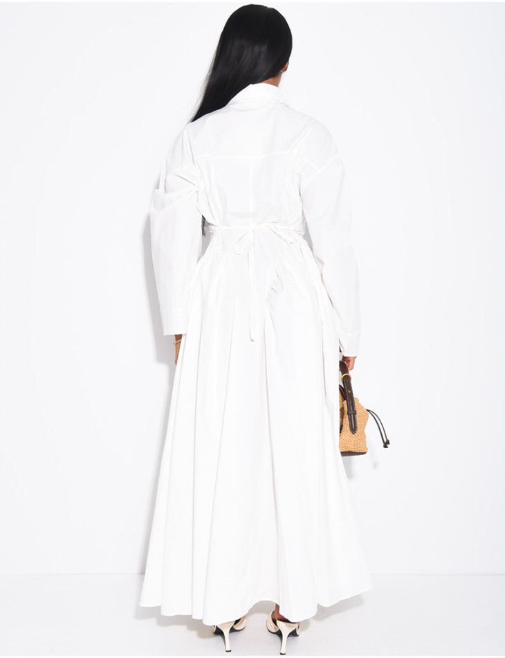 Long cotton poplin dress with a puff-effect shirt collar