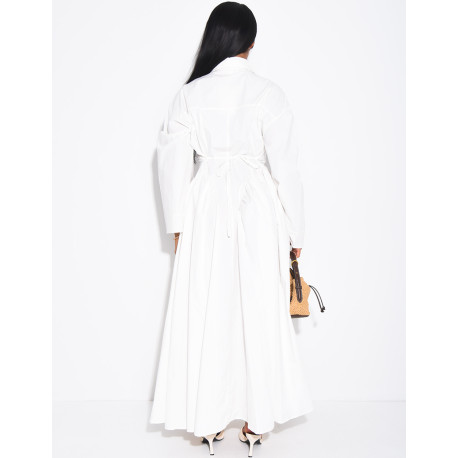 Long cotton poplin dress with a puff-effect shirt collar