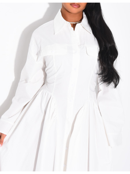 Long cotton poplin dress with a puff-effect shirt collar