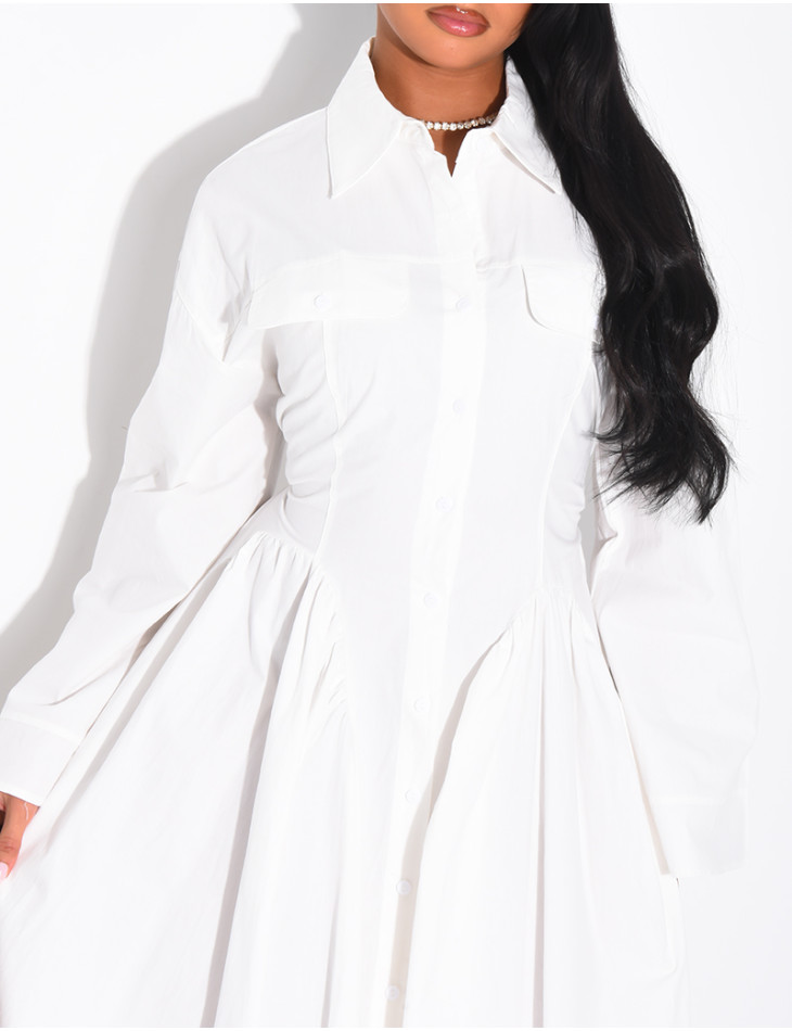 Long cotton poplin dress with a puff-effect shirt collar
