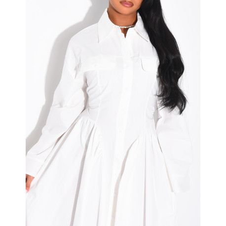 Long cotton poplin dress with a puff-effect shirt collar