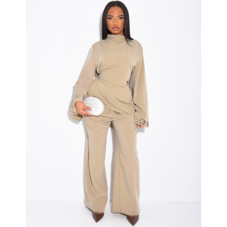 Linen-effect top and trousers set with embroidery