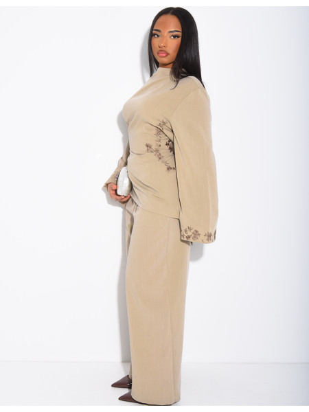 Linen-effect top and trousers set with embroidery