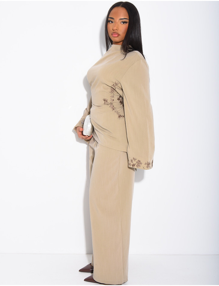 Linen-effect top and trousers set with embroidery