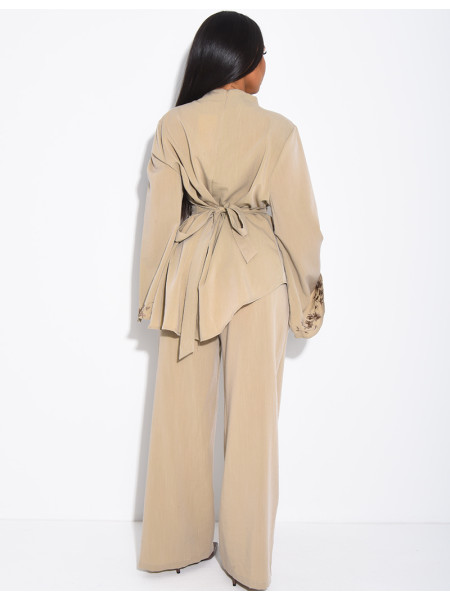 Linen-effect top and trousers set with embroidery