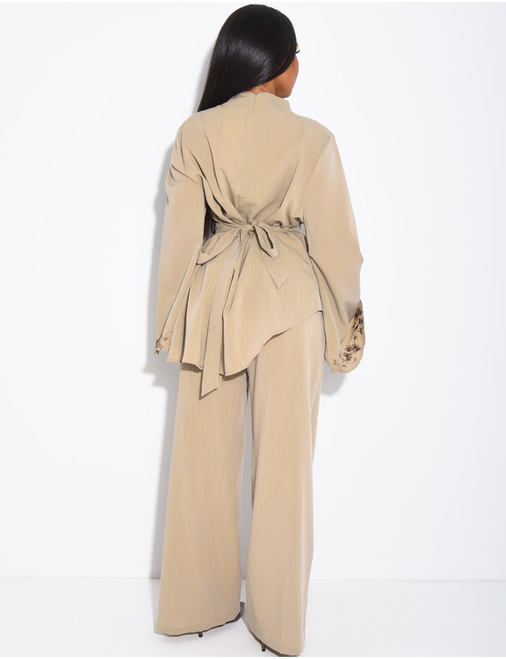 Linen-effect top and trousers set with embroidery