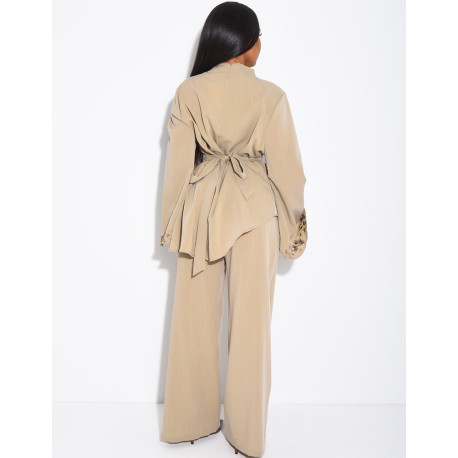 Linen-effect top and trousers set with embroidery