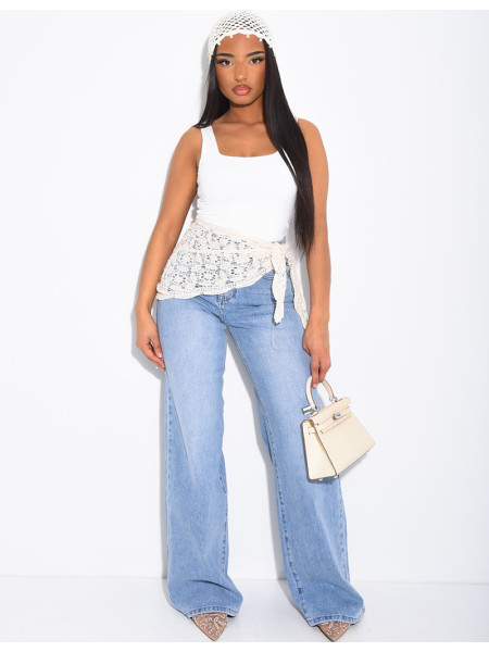High-waisted, straight-leg faded jeans with a lace tie at the waist