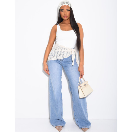 High-waisted, straight-leg faded jeans with a lace tie at the waist