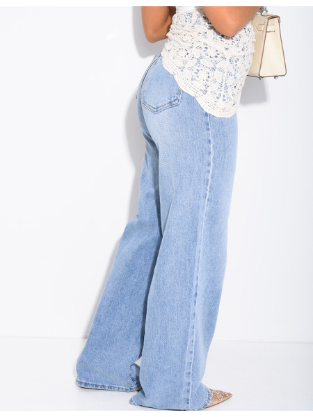 High-waisted, straight-leg faded jeans with a lace tie at the waist