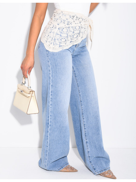 High-waisted, straight-leg faded jeans with a lace tie at the waist