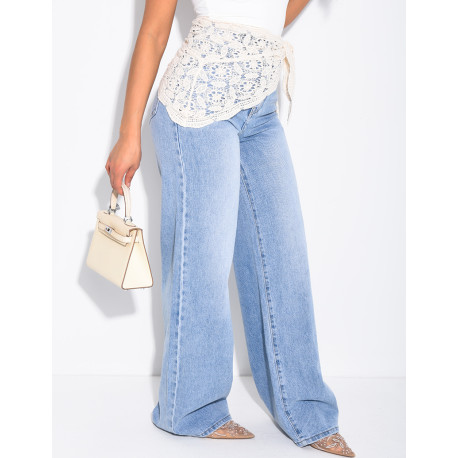 High-waisted, straight-leg faded jeans with a lace tie at the waist