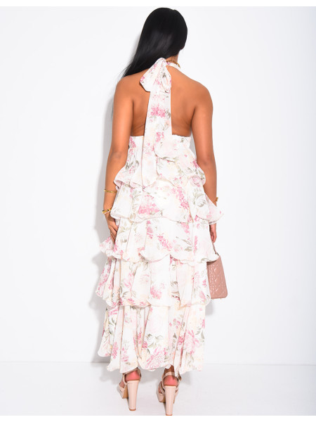 Robe longue en voile dos nu à volants et motifs floraux
