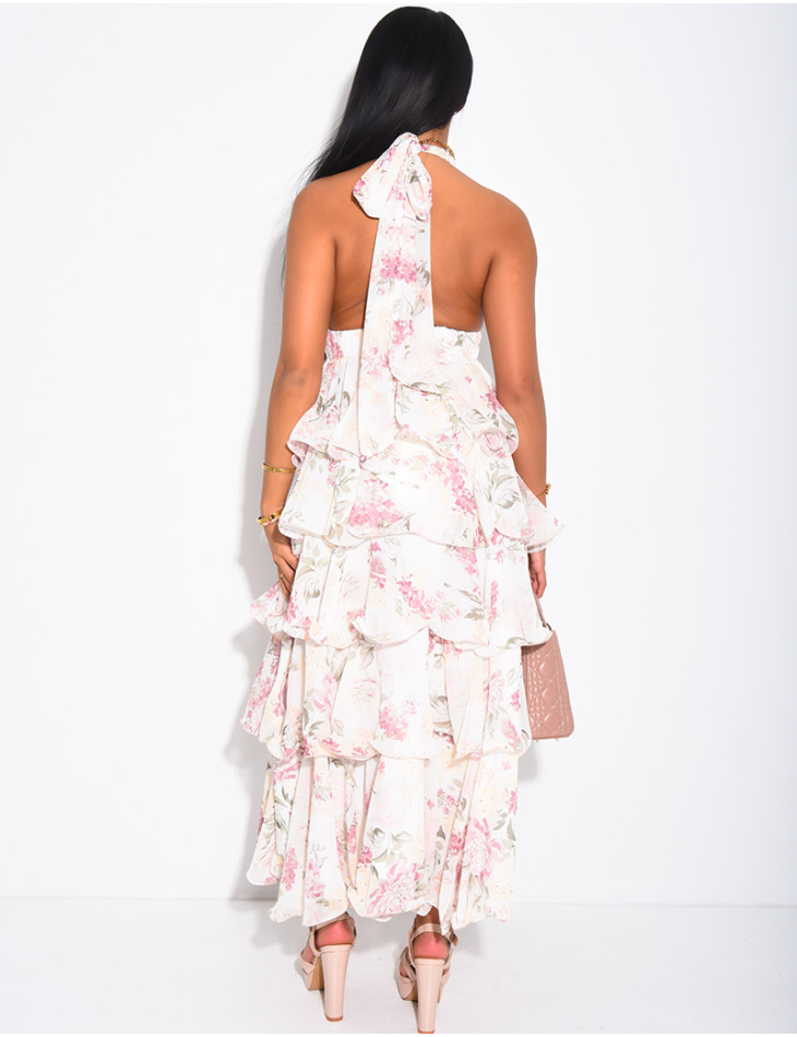 Robe longue en voile dos nu à volants et motifs floraux