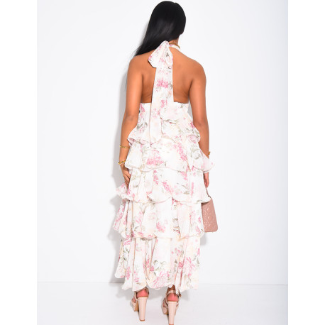 Robe longue en voile dos nu à volants et motifs floraux