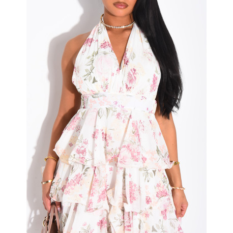 Robe longue en voile dos nu à volants et motifs floraux