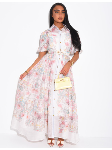 Robe longue en voile à motifs imprimés et ceinture assortie