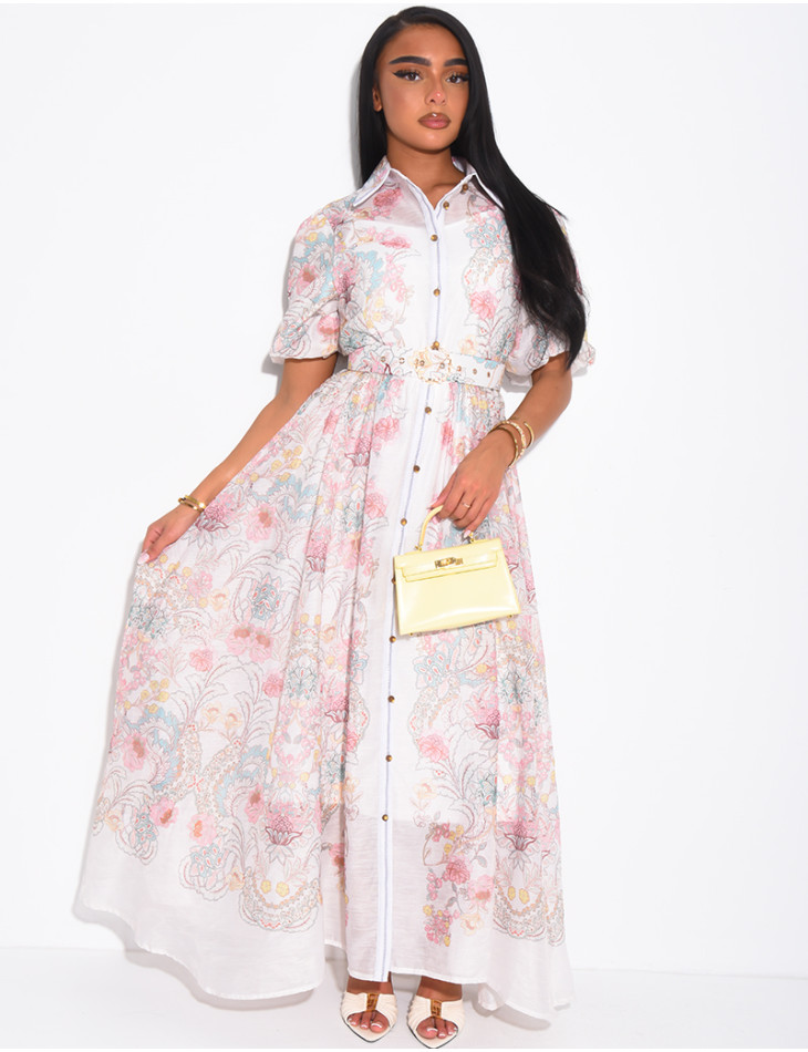 Robe longue en voile à motifs imprimés et ceinture assortie