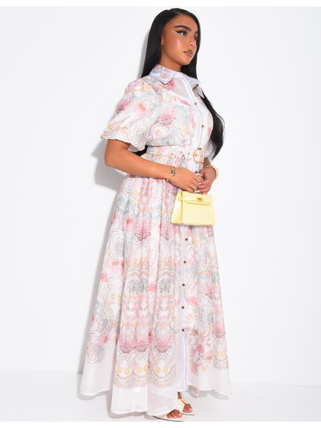 Robe longue en voile à motifs imprimés et ceinture assortie