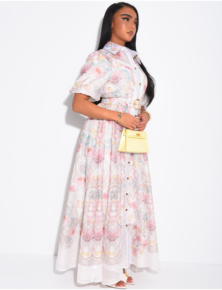 Robe longue en voile à motifs imprimés et ceinture assortie