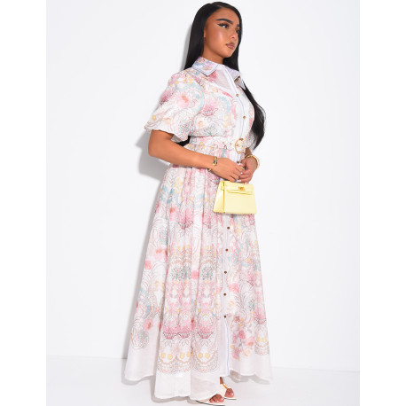 Robe longue en voile à motifs imprimés et ceinture assortie