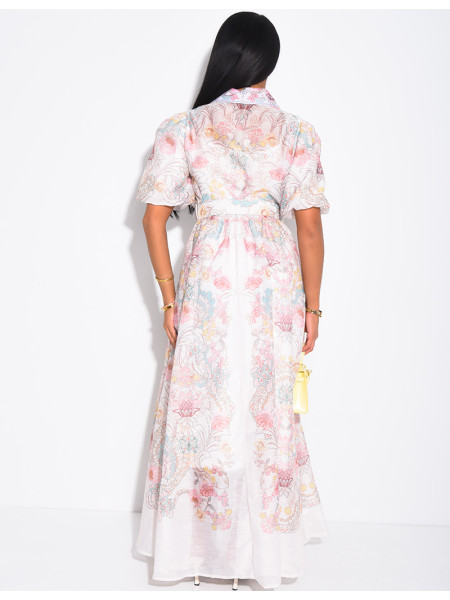 Robe longue en voile à motifs imprimés et ceinture assortie