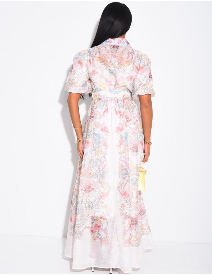 Robe longue en voile à motifs imprimés et ceinture assortie