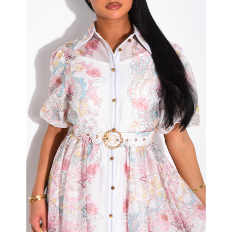 Robe longue en voile à motifs imprimés et ceinture assortie