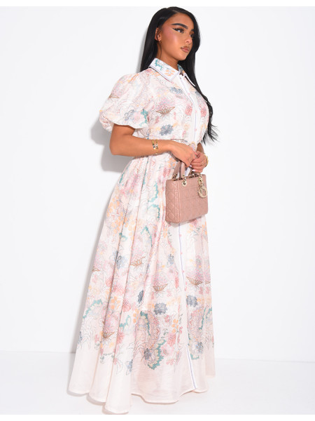Long printed voile dress with matching belt