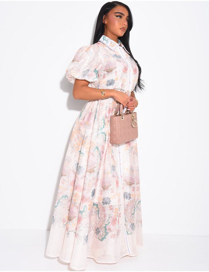 Long printed voile dress with matching belt