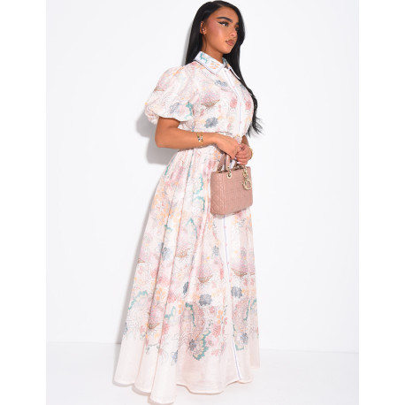 Long printed voile dress with matching belt