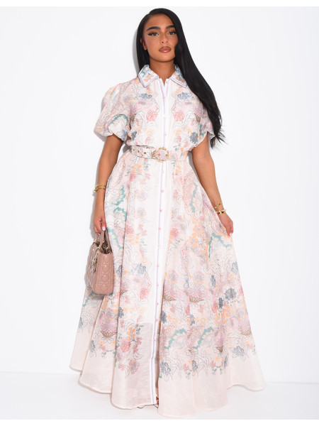 Long printed voile dress with matching belt