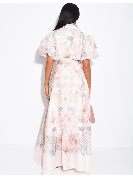 Long printed voile dress with matching belt