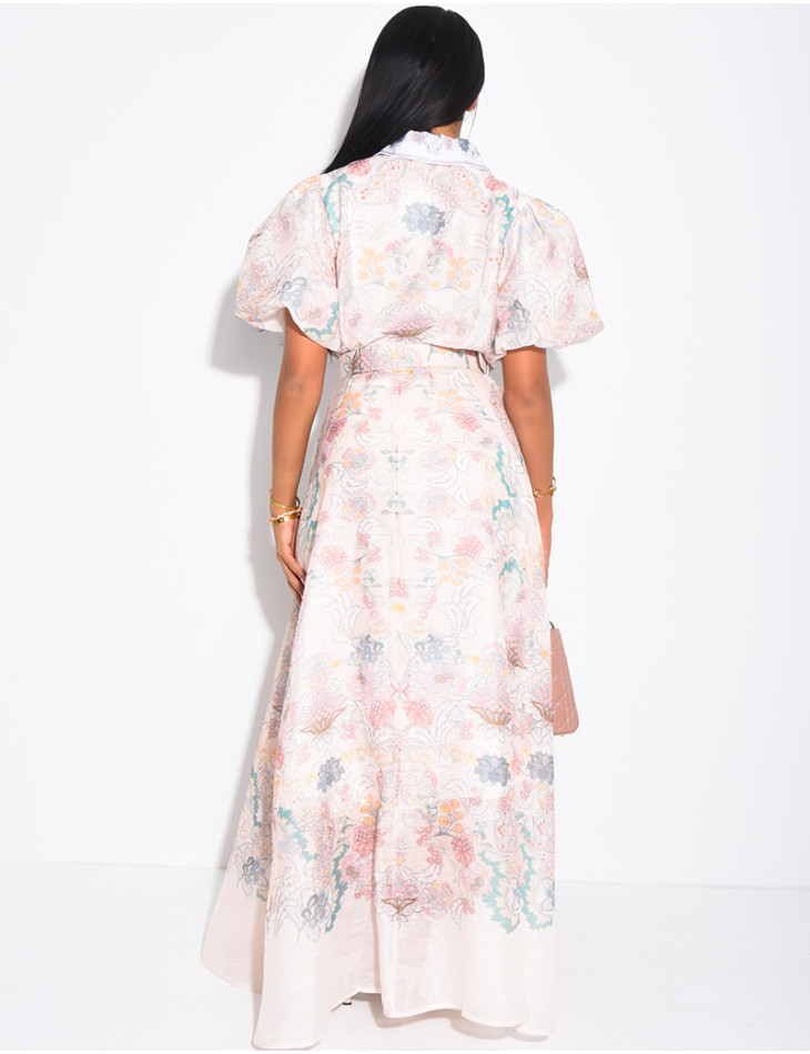 Long printed voile dress with matching belt