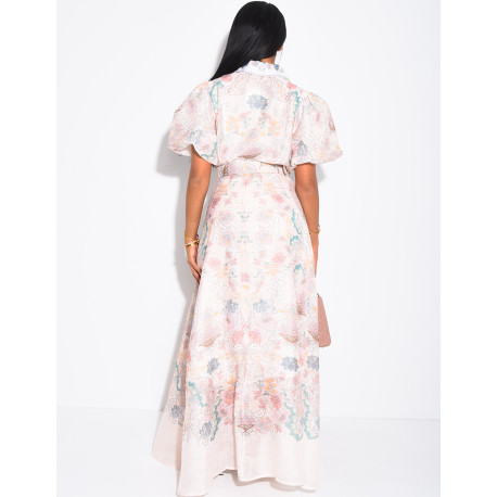 Long printed voile dress with matching belt