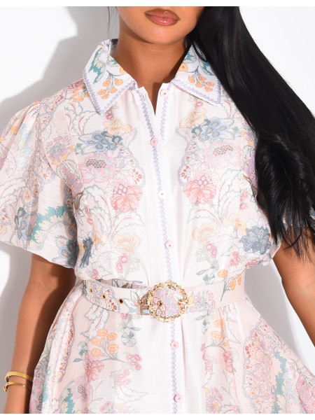Long printed voile dress with matching belt