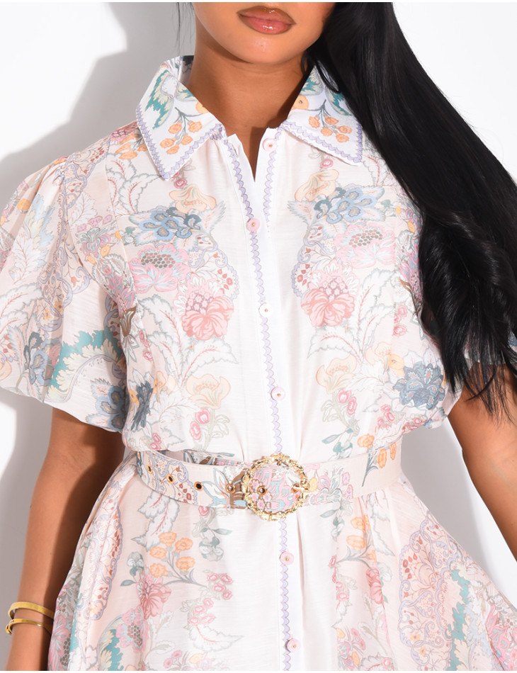 Long printed voile dress with matching belt