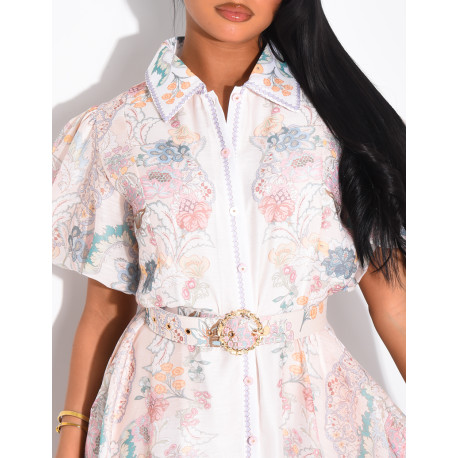 Long printed voile dress with matching belt