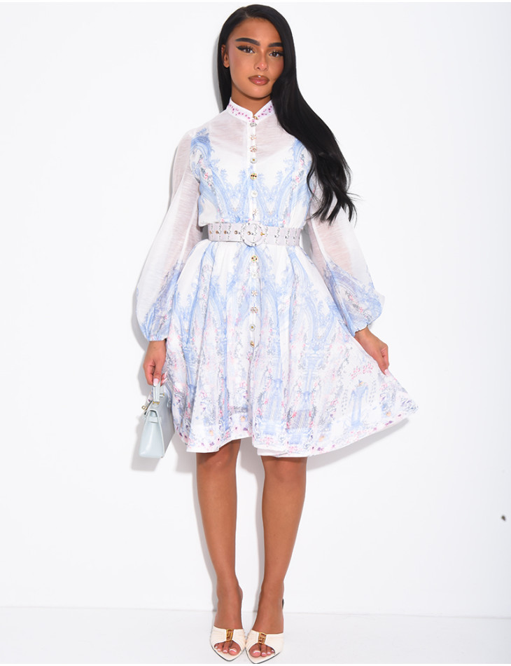 Short printed dress with a waist belt