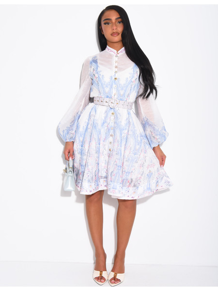 Short printed dress with a waist belt