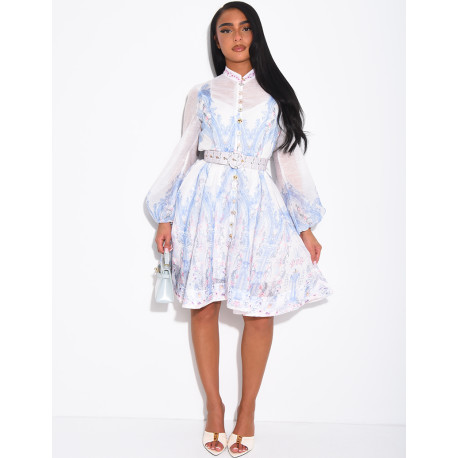 Short printed dress with a waist belt