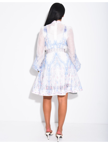 Short printed dress with a waist belt