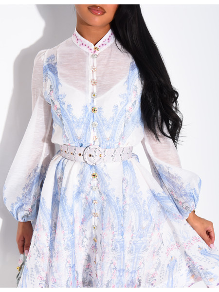 Short printed dress with a waist belt