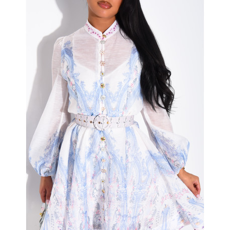 Short printed dress with a waist belt